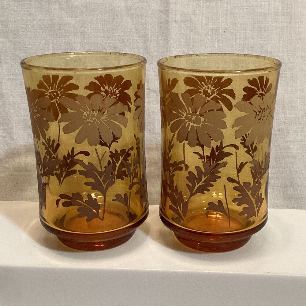 Libbey Brown/Amber Fade Daisy Small Juice Glasses Vintage Floral Pattern Retro